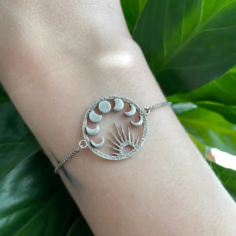 Silver Sun and Moon Phases Adjustable Bracelet